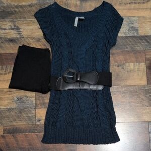 Teal Cable Knit Sweater Tunic Dress with Black Belt and Leggings